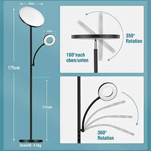 Lampe sur pied réglable avec rotation à 350 et 360 degrés.