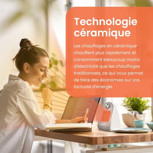 Femme utilisant un chauffage céramique à la maison
