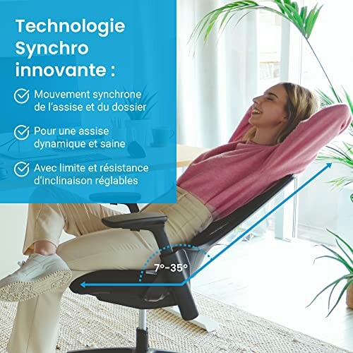Femme détendue sur une chaise de bureau avec technologie synchrone.