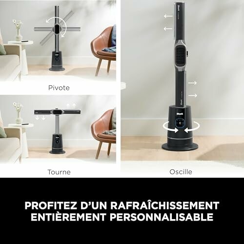 Ventilateur personnalisable montrant pivote, tourne et oscille.