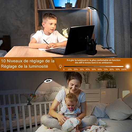 Lampe de bureau LED réglable avec enfants utilisant un ordinateur et lisant.