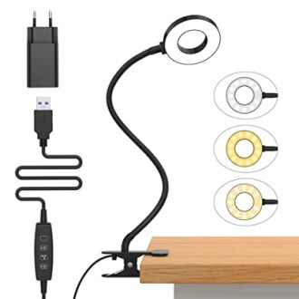 Lampe de bureau flexible avec pince et options de lumière réglable.