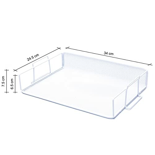 Plateau à papier en maille métallique avec dimensions.