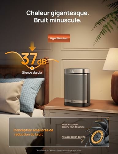 Chauffage silencieux sur une table de nuit dans une chambre.