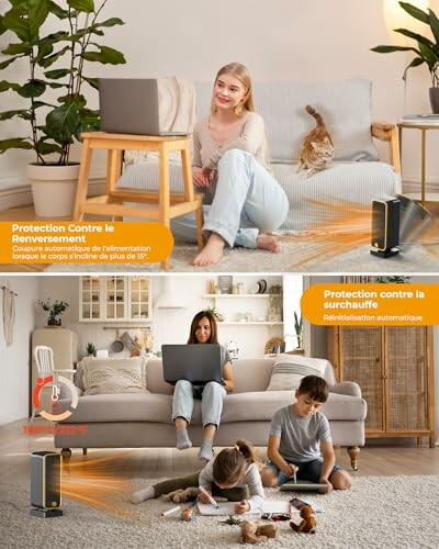 Deux scènes de vie avec des chauffages et des enfants dans un salon.