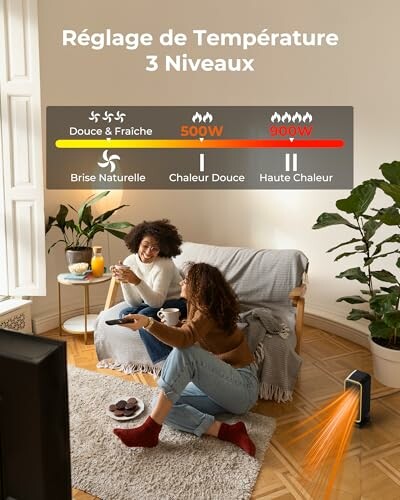 Deux personnes assises près d'un radiateur avec réglage de température.