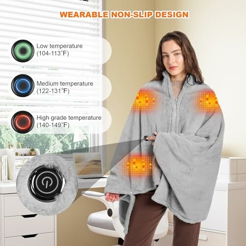 Femme portant une couverture chauffante grise avec commandes de température.