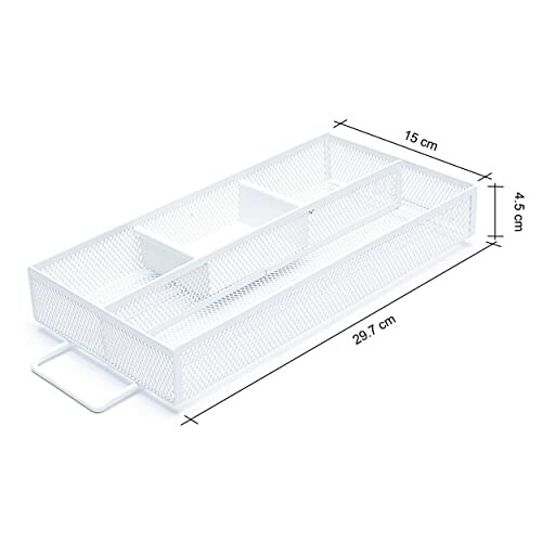 Organisateur rectangulaire en métal blanc avec dimensions.